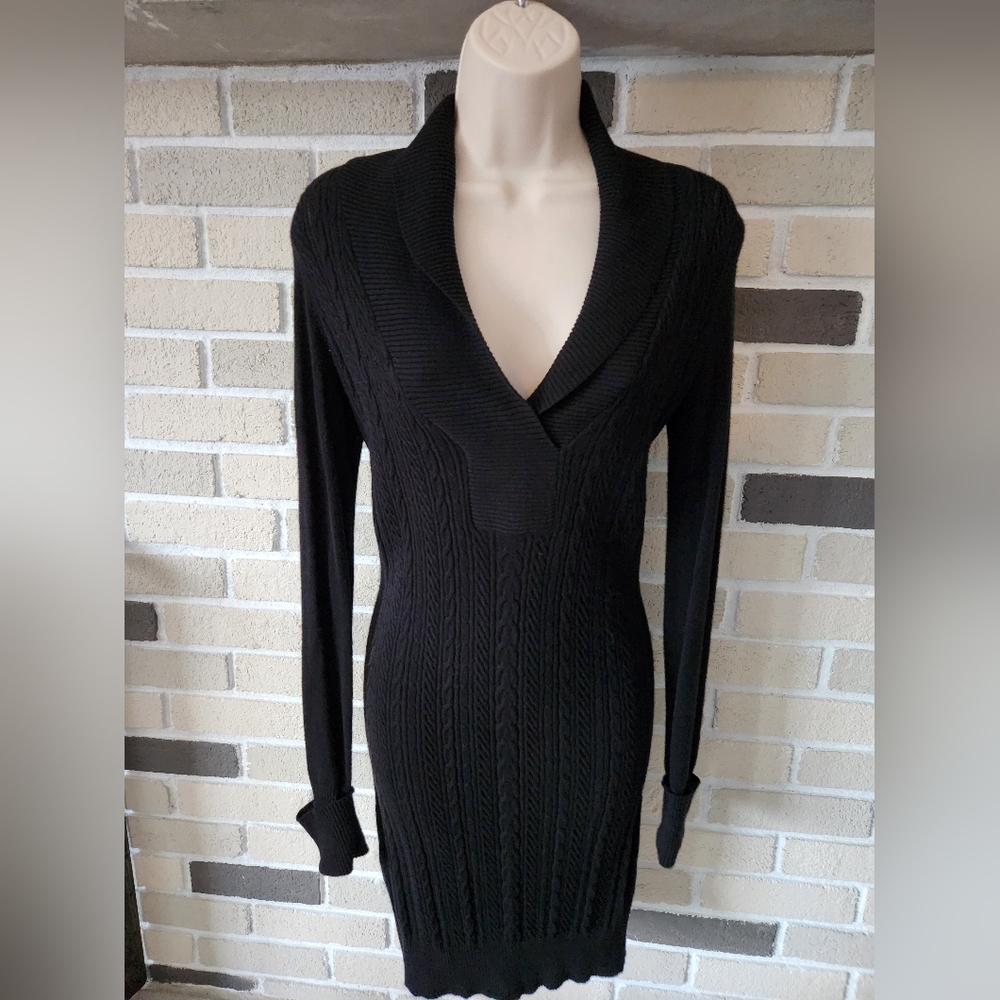 BCBGMAXAZRIA Black Cable Knit Sweater Mini Dress Shawl Collar Bodycon Y2K S